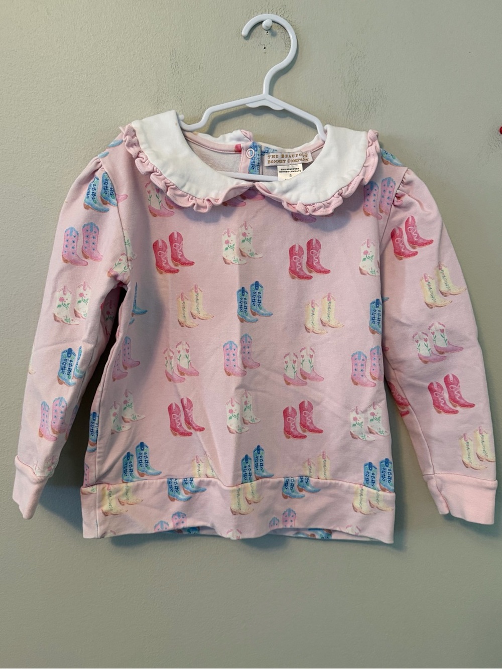 The Beaufort Bonnet Company Ruffle Collar Pink Cowboy Boot Print Top